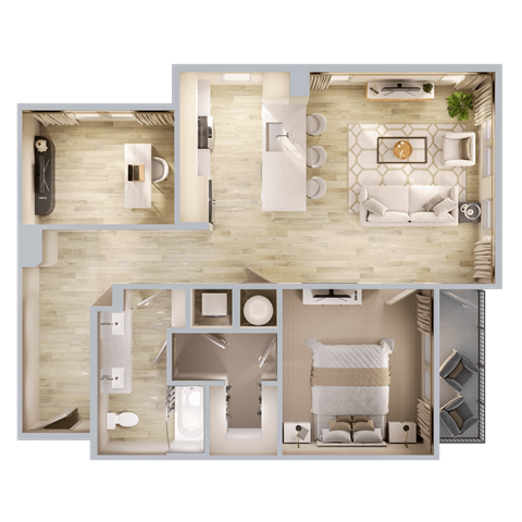 Floor plan for 1 bed, 1 bath, 961 sqft
